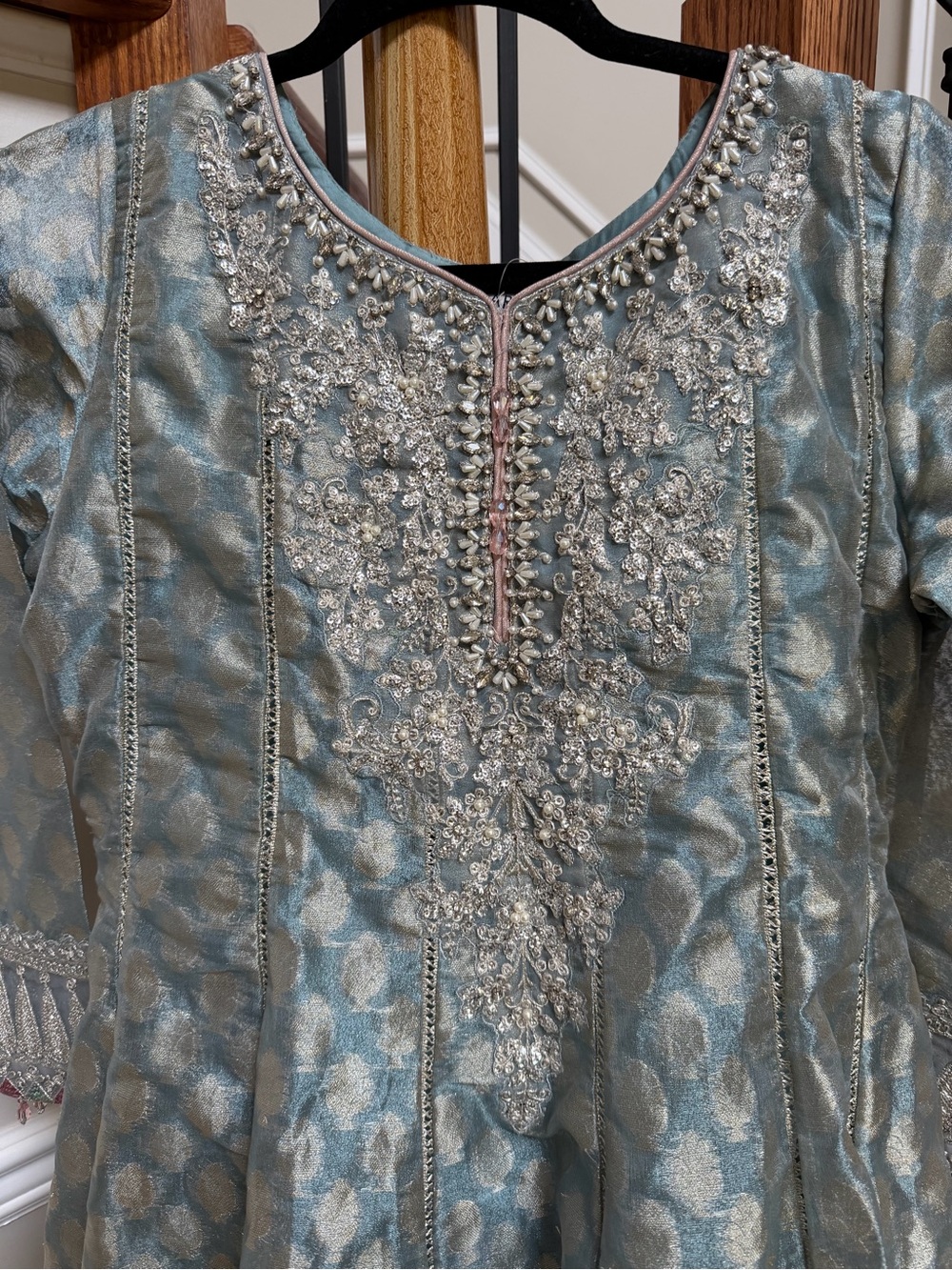 Maria B. Elegant Silver-Blue Embroidered Women long gown with dupata and pants - Picture 3 of 5
